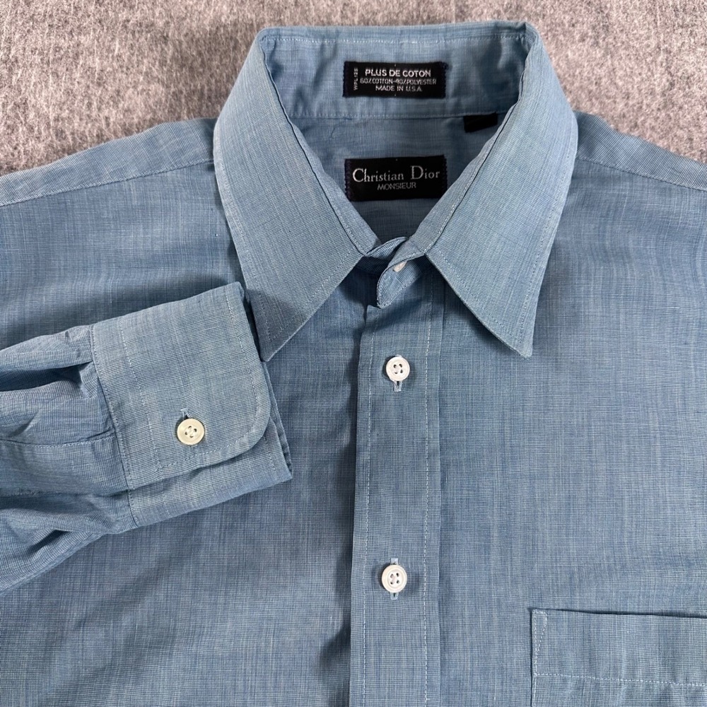 Christian Dior Monsieur Plus De Coton Mens 15.5 34-35 Blue Dress Shirt Vintage